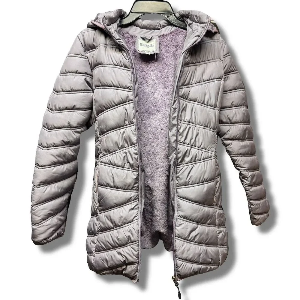 Roosevelt American College Women's Purple Puffer Jacket M Detachable Hood - Picture 3 of 8